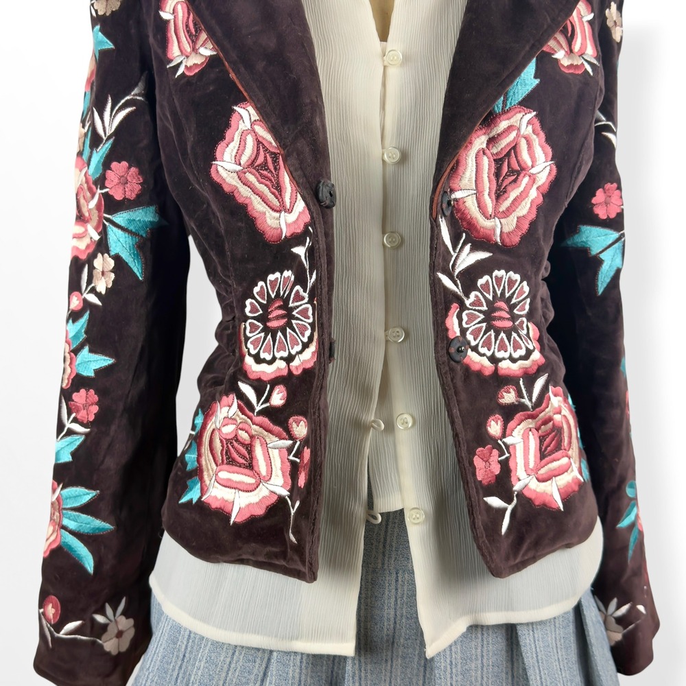Vtg Cache Floral Embroidered Brown Velvet Fitted Blazer Jacket Sz 4 Y2K Western - Picture 11 of 12